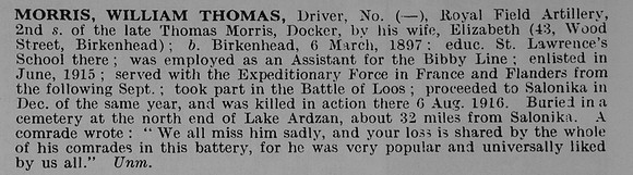 Morris W T Dvr Royal Field Artillery Obit De Ruvignys Roll Of Honour Vol 5