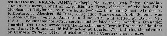 Morrison F J L/Cpl 177373 87th Canadian Grenadier Guards Obit De Ruvignys Roll Of Honour Vol 5