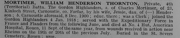 Mortimer W H T Pte 4th Gordon Highlanders Obit De Ruvignys Roll Of Honour Vol 5