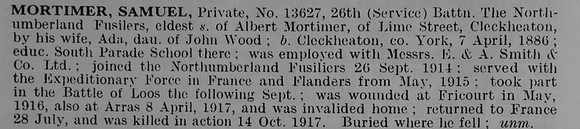 Mortimer S Pte 13627 26th Northumberland Fusiliers Obit De Ruvignys Roll Of Honour Vol 5