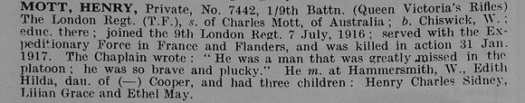 Mott H Pte 7442 9th London Regiment Obit De Ruvignys Roll Of Honour Vol 5