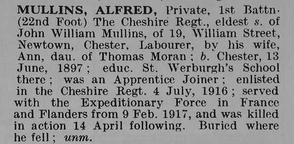 Mullins A Pte 1st Cheshire Regiment Obit De Ruvignys Roll Of Honour Vol 5