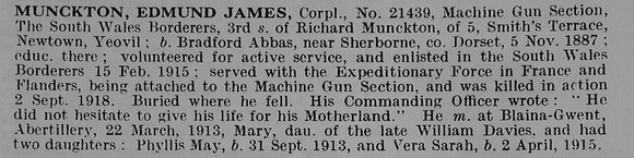 Munckton E J Cpl 21439 South Wales Borderers Obit De Ruvignys Roll Of Honour Vol 5