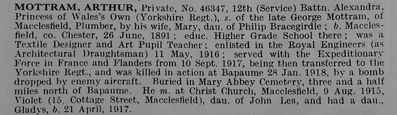 Mottram A Pte 46347 12th Yorkshire Regiment Obit De Ruvignys Roll Of Honour Vol 5