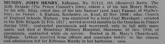 Mundy J H Rfn O/111 5th Rifle Brigade Obit De Ruvignys Roll Of Honour Vol 5