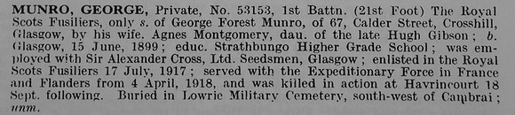 Munro G Pte 53153 1st Royal Scots Fusiliers Obit De Ruvignys Roll Of Honour Vol 5