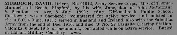 Murdoch D Dvr 91912 Army Service Corps Obit De Ruvigny's Roll Of Honour Vol 5