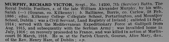 Murphy R V Sergt 14200 7th Royal Dublin Fusiliers Obit De Ruvignys Roll Of Honour Vol 5