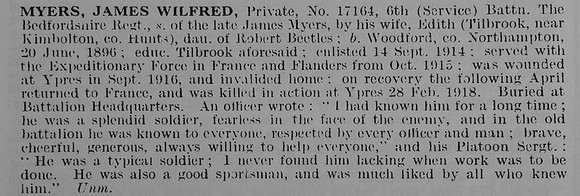 Myers J W Pte 17164 6th Bedfordshire Regiment Obit De Ruvignys Roll Of Honour Vol 5