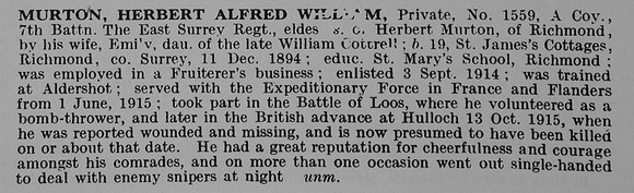 Murton H A W Pte 1559 7th East Surrey Regiment Obit De Ruvignys Roll Of Honour Vol 5