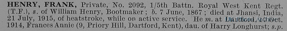 Henry F Pte 2092 5th Royal West Kent Regiment Obit