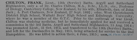 Chilton F Lt 13th Argyll And Sutherland Highlanders Obit