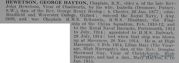 Hewetson G H Chaplain HMS Bulwark Royal Navy Obit