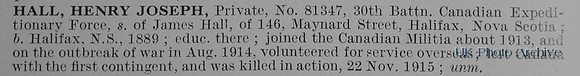 Hall H J Pte 81347 30th Canadian Expeditionary Force Obit