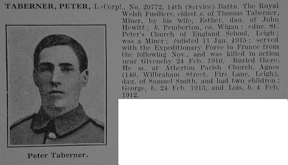 Taberner P LCpl 20772 14th Royal Welsh Fusiliers Obit De Ruvignys Roll Of Honour Vol 3