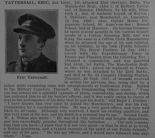 Tattersall E 2nd Lt 1st Attd 23rd Manchester Regiment Obit De Ruvignys Roll Of Honour Vol 4