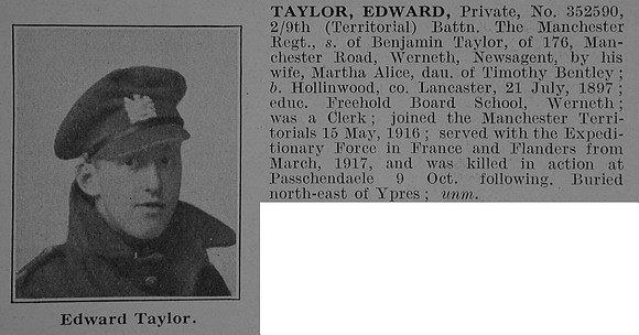 Taylor E Pte 9th Manchester Regiment Obit De Ruvignys Roll Of Honour Vol 3