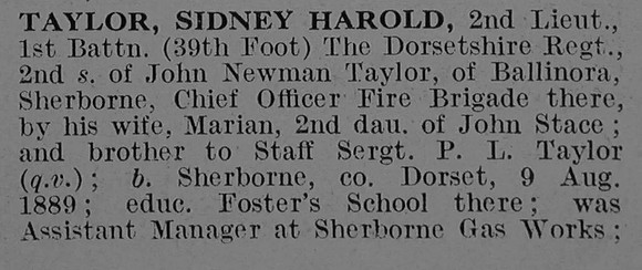 Taylor S H 2nd Lt 1st Dorset Regiment Obit Part 1 De Ruvignys Roll Of Honour Vol 3