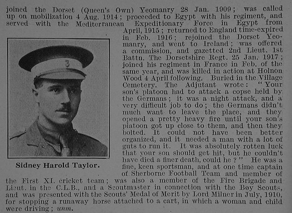 Taylor S H 2nd Lt 1st Dorset Regiment Obit Part 2 De Ruvignys Roll Of Honour Vol 3