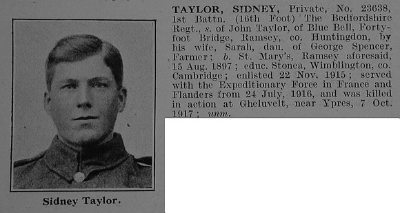 Taylor S Pte 23638 1st Bedfordshire Regiment Obit De Ruvignys Roll Of Honour Vol 3