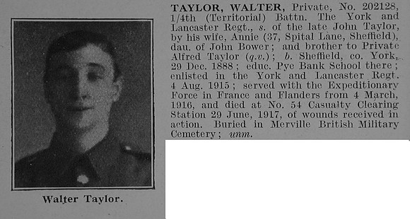 Taylor W Pte 202128 4th York & Lancs Regiment Obit De Ruvignys Roll Of Honour Vol 3