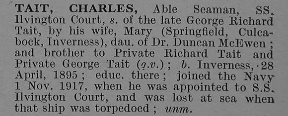 Tait C AB S.S. Ilvington Court (Liverpool) Short Obit De Ruvignys Roll Of Honour Vol 4