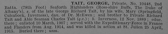 Tait G Pte 10448 2nd Seaforth Highlanders Obit De Ruvignys Roll Of Honour Vol 4