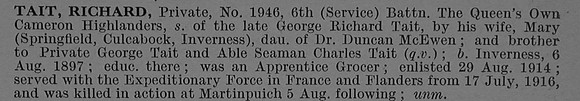 Tait R Pte 1946 6th Queens Own Cameron Highlanders Short Obit De Ruvignys Roll Of Honour Vol 4