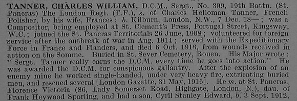 Tanner C W Sergt DCM 19th London Regiment (St Pancras) Obit De Ruvignys Roll Of Honour Vol 4