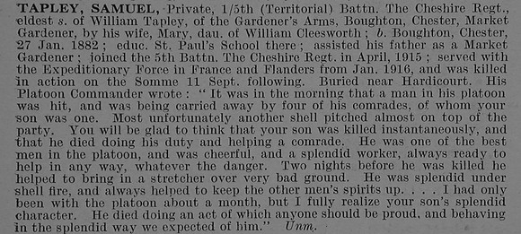 Tapley S Pte 3576 5th Cheshire Regiment Obit De Ruvignys Roll Of Honour Vol 4