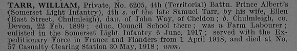Tarr W Pte 6205 4th Somerset Light Infantry Short Obit De Ruvignys Roll Of Honour Vol 4