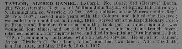 Taylor A D L/Cpl 10417 3rd Worcestershire Regiment Obit De Ruvignys Roll Of Honour Vol 4