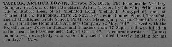Taylor A E Pte 10975 Honourable Artillery Company Obit De Ruvignys Roll Of Honour Vol 4