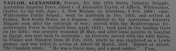 Taylor A Pte 220 12th Australian Infantry Obit De Ruvignys Roll Of Honour Vol 4
