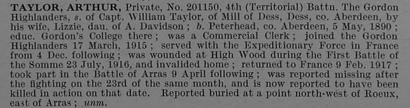 Taylor A Pte 201150 4th Gordon Highlanders Obit De Ruvignys Roll Of Honour Vol 4