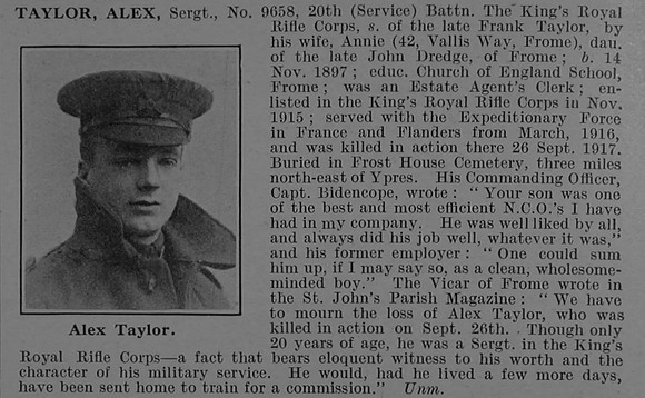 Taylor A Sergt 9658 20th Kings Royal Rifle Corps Obit De Ruvignys Roll Of Honour Vol 4