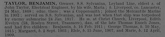 Taylor B Greaser S.S. Sylvanian (Liverpool) Mercantile Marine Obit De Ruvignys Roll Of Honour Vol 4