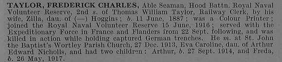 Taylor F C AB Z/9716 Hood Bn. R.N. Div. Royal Naval Volunteer Reserve Obit De Ruvignys Roll Of Honour Vol 4