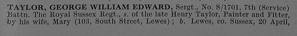 Taylor G W E Sergt S-1701 7th Royal Sussex Regiment Obit Part 1 De Ruvignys Roll Of Honour Vol 4