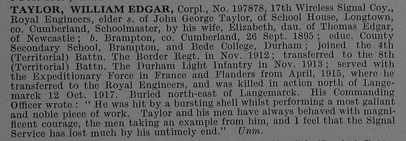Taylor W E Cpl 197878 Royal Engineers Obit De Ruvignys Roll Of Honour Vol 4