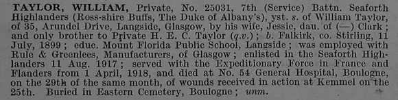 Taylor W Pte 25031 7th Seaforth Highlanders Obit De Ruvignys Roll Of Honour Vol 4