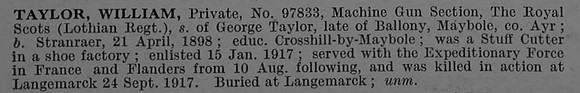 Taylor W Pte 97833 Machine Gun Corps (Infantry) Short Obit De Ruvignys Roll Of Honour Vol 4