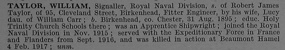Taylor W Sig Z/775 Drake Bn. R.N. Div Royal Naval Volunteer Reserve Short Obit De Ruvignys Roll Of Honour Vol 4