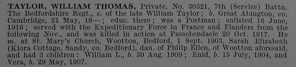 Taylor W T Pte 30321 7th Bedfordshire Regiment Obit De Ruvignys Roll Of Honour Vol 4