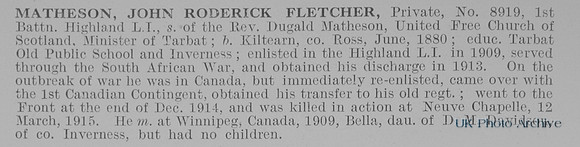 Matheson J R F Pte 8919 1st Highland Light Infantry Obit