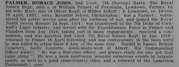 Palmer H J 2nd Lt 7th Royal Sussex Regiment
