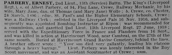 Parbery E 2nd Lt 13th Kings Liverpool Regiment