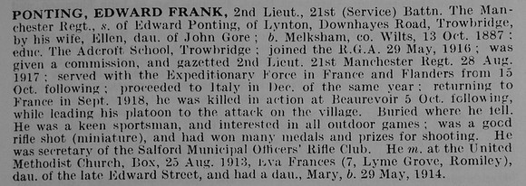 Ponting E F 2nd Lt 21st Manchester Regiment
