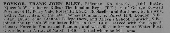 Poyner F J R Rfn 554197 16th London Regiment