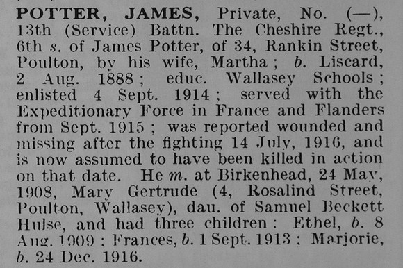 Potter J Pte 13th Cheshire Regiment